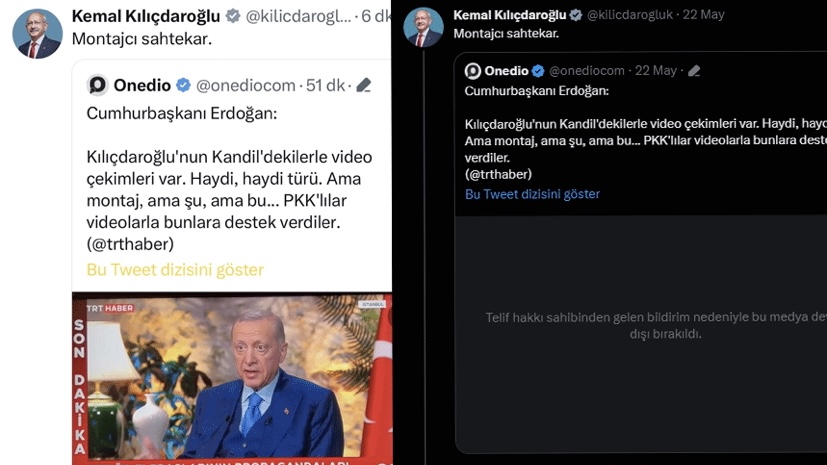 TRT, Kılıçdaroğlu’nun “Montajcı sahtekâr” diyerek paylaştığı Erdoğan videosunu telif atarak kaldırttı